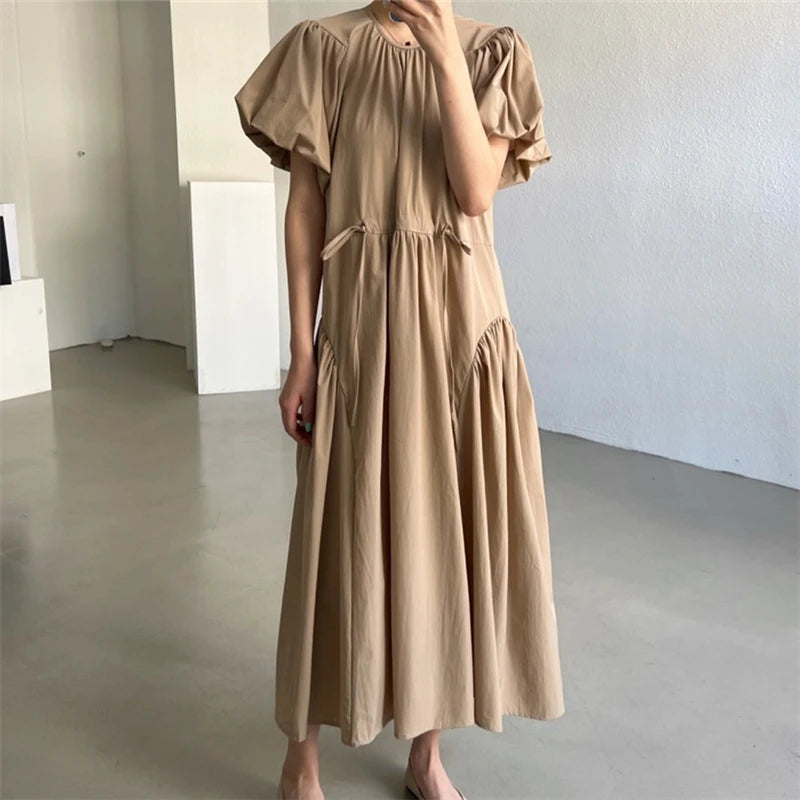 REALEFT Summer Vintage Puff Sleeve Women's Long Dresses 2024 New O-Neck Korean Straight Casual Loose Dresses Female