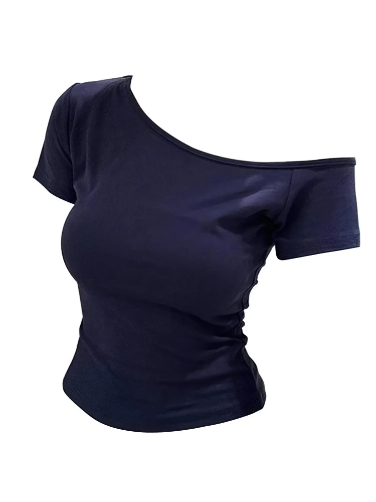 Summer Off shoulder Top Women Slim fit Body Summer  Short sleeve T shirt One shoulder Female Sexy Basic Tees Korean Chic
