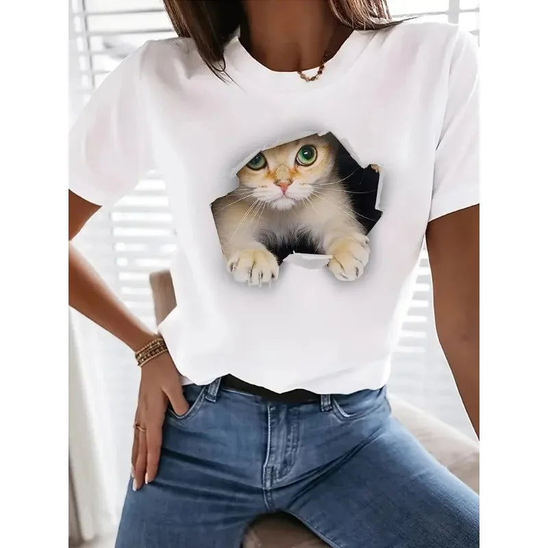 Cute Cat Print Crew Neck T-Shirt, Casual Short Sleeve T-Shirt for Spring & Summer, Women's Clothing Women Clothing Tops Harajuku