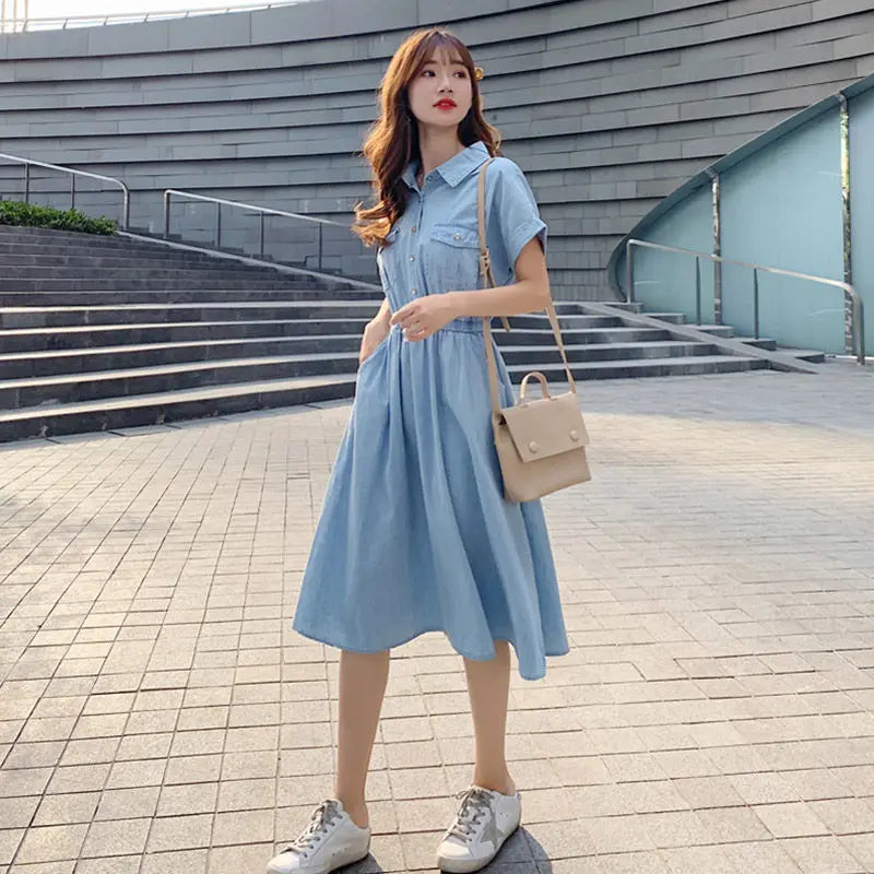 Lightweight Denim-Like Women's Dress Summer New Korean Style High-Waisted Button-Front Shirt Dress Versatile Casual Midi Dress