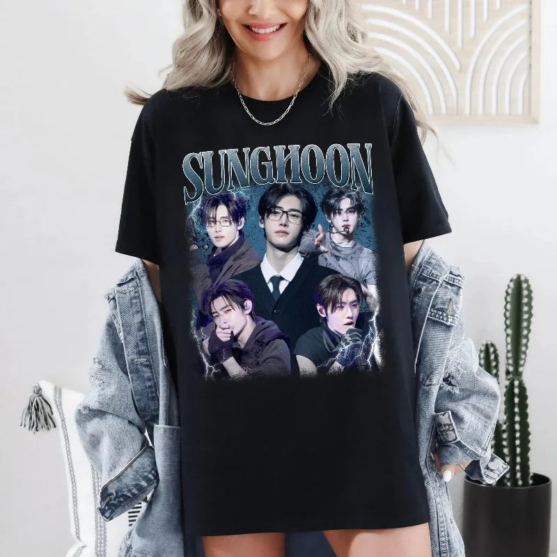 Sunghon Kpop Pattern Printed T-shirt for Women, Korean Style Top, Spring/Summer Pure Cotton Unisex Short Sleeve T-shirt