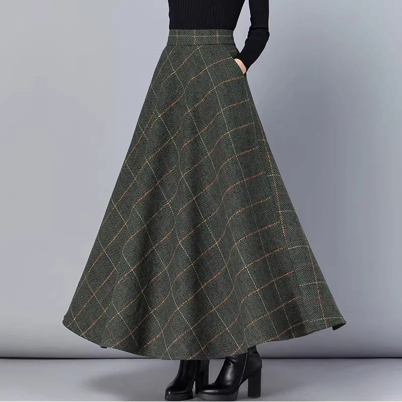 Women's 2025 Fall/Winter Retro Plaid Wool Midi Skirt - High-Waisted A-Line, Plus Size, Thickened & Slimming Long Skirt